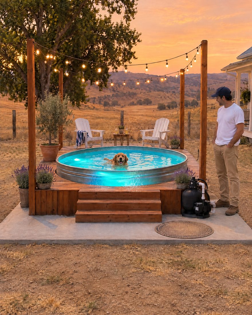 Stock tank pool with a cedar deck and string lights at dusk