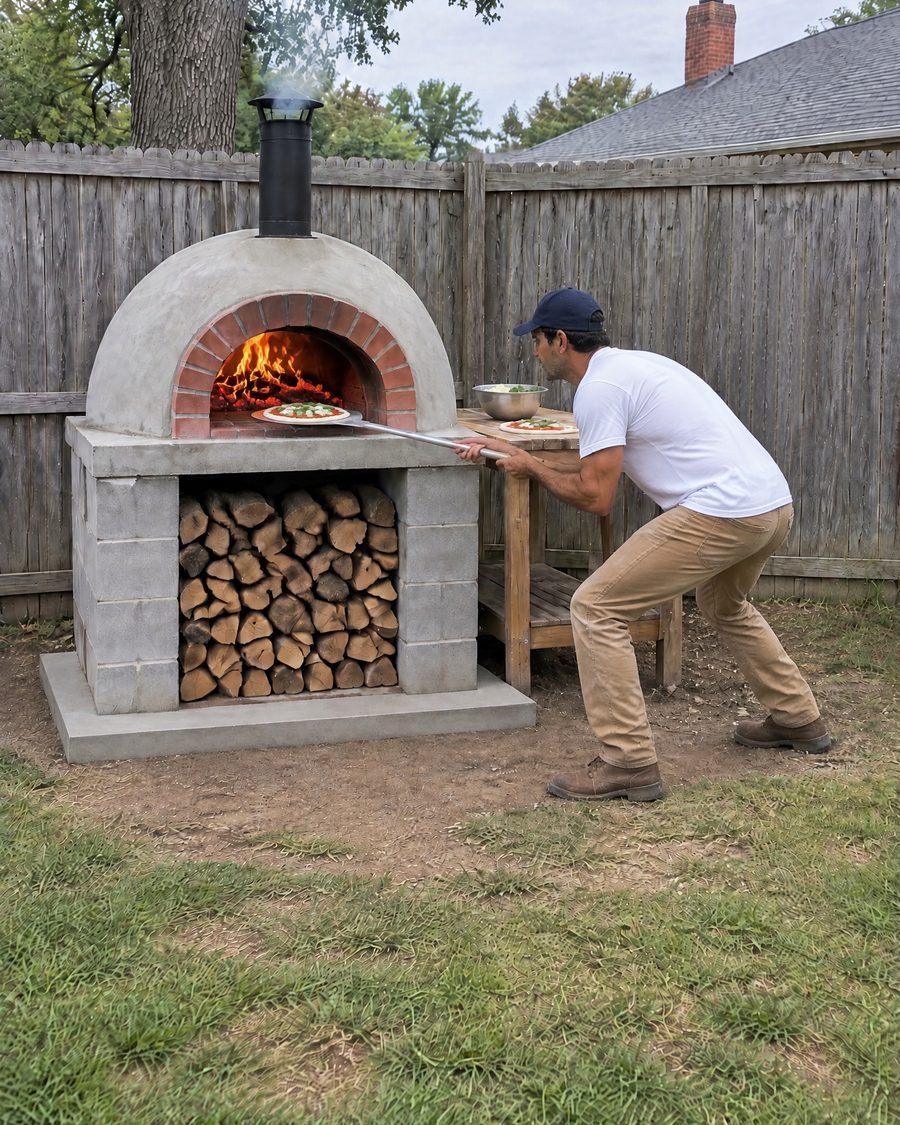Brick dome pizza oven with a fire going