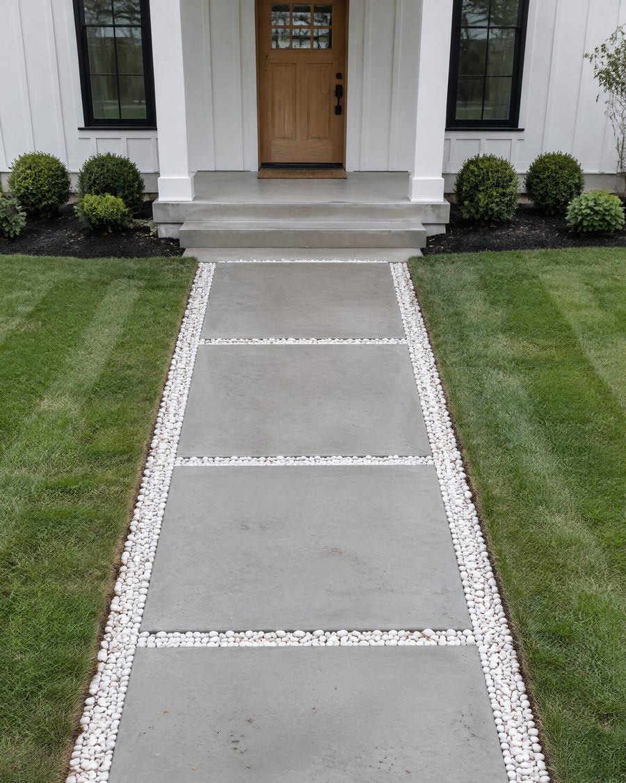 Square concrete slab walkway with white pebble joints